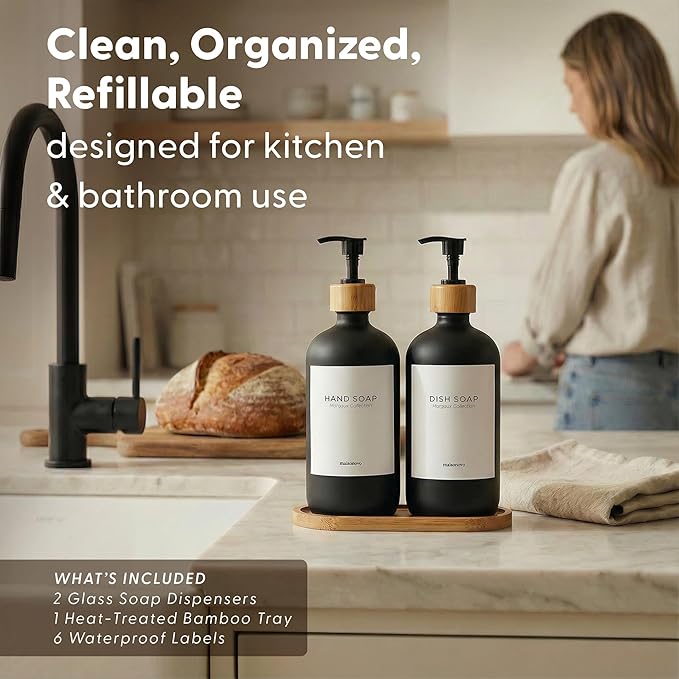 MaisoNovo Glass Dish Soap Dispenser for Kitchen Set of 2-16.9oz Dish and Hand Soap Dispenser Set for Kitchen - Black Glass Bottles x 2 with Black Bamboo Pumps & Tray