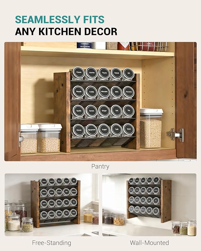 NESAPTO Spice Rack Organizer for Cabinet, Wooden 4 Tier Vertical Seasoning Organizers for Kitchen Pantry, Countertop/Wall Mount, Holds 20 Spice Jars (No Jars Included),10.3" W × 9.4" H