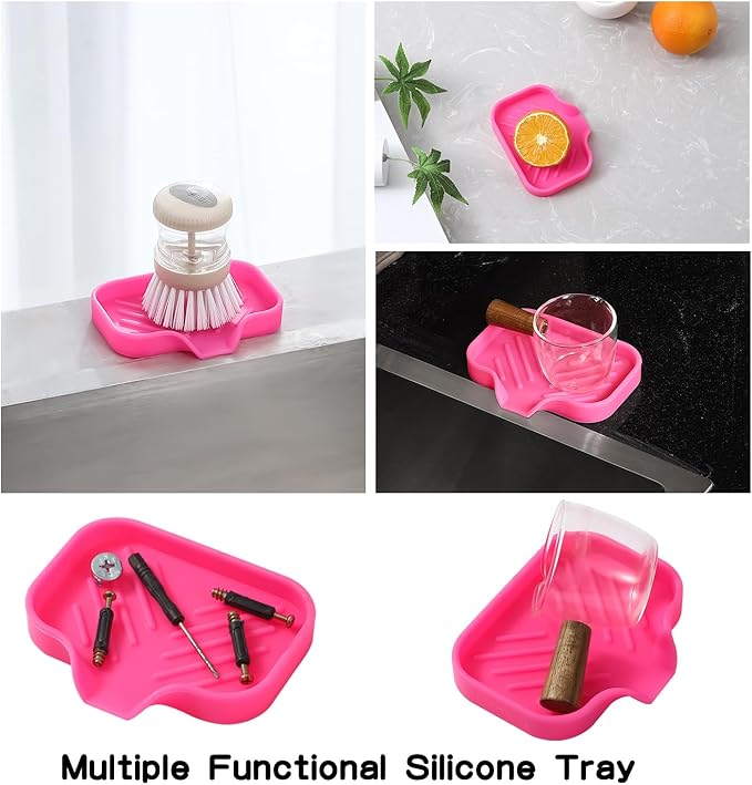 MicoYang Silicone Bathroom Soap Dishes with Drain Spout-Bathroom and Kitchen Sink Organizer,Sponge Holder,Dish Soap Tray,Perfect for Dispenser,Scrubber,Bottle,Cup on Sink or Counter-Rose 4.9"×3.2"