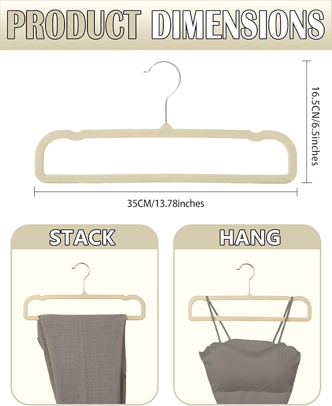 Velvet Hangers Non Slip - 20 Pack Pants Hangers for Closet - Thin Space Saving Clothes Hanger - Strong, Durable, Jean Perchas with 360 Degree Rotatable Hook for Tank Top (Beige Silver Hook)