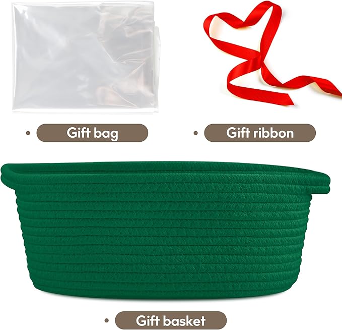 Pro Goleem Small Woven Basket with Gift Bags and Ribbons Durable Baskets for Gifts Empty Small Rope Basket for Storage 12"X 8" X 5" Baby Toy Baskets with Handles, Green