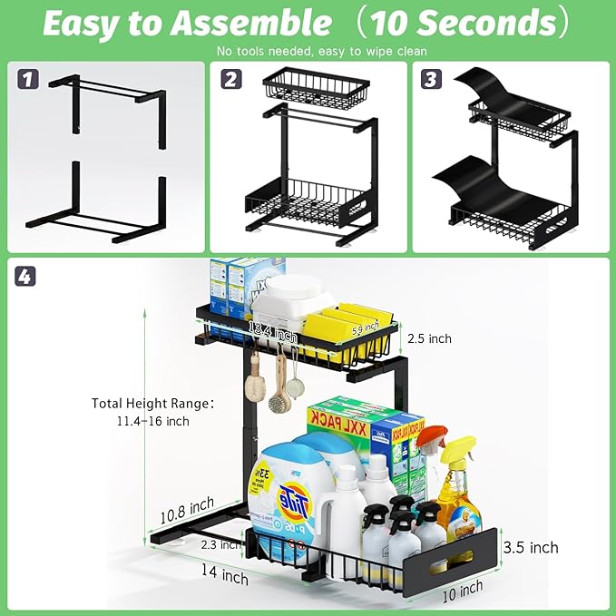 Under Sink Organizer, Adjustable Shelves, 2 Pack Pull Out Cabinet Organizer Slide Out Sink Shelf Cabinet Storage Shelves, Under Sink Storage for Kitchen Bathroom Cabinet