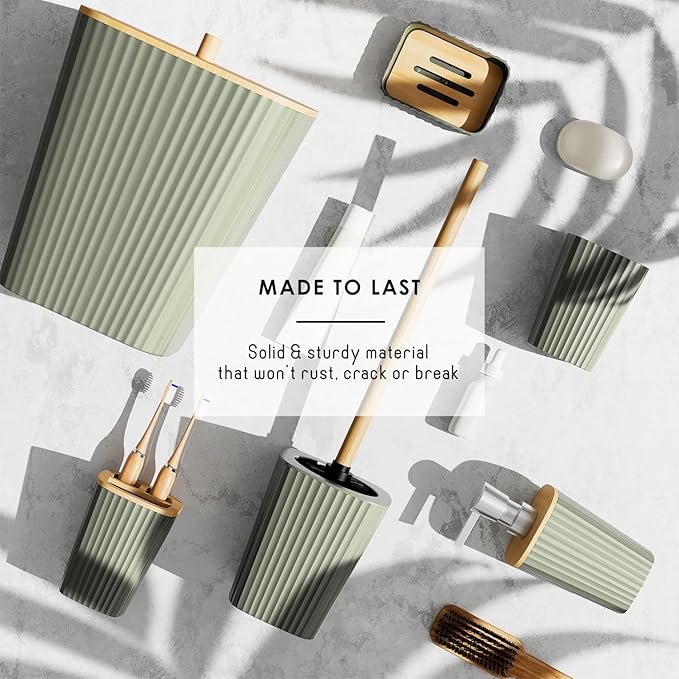 Clara Clark Bathroom Set - Sage Green Bathroom Accessories Set, 6PC Bathroom Accessory Set, Bathroom Sets with Adhesive Corner Shower Caddy Hanging, Toilet Brush, Trash Can & Soap Dispenser