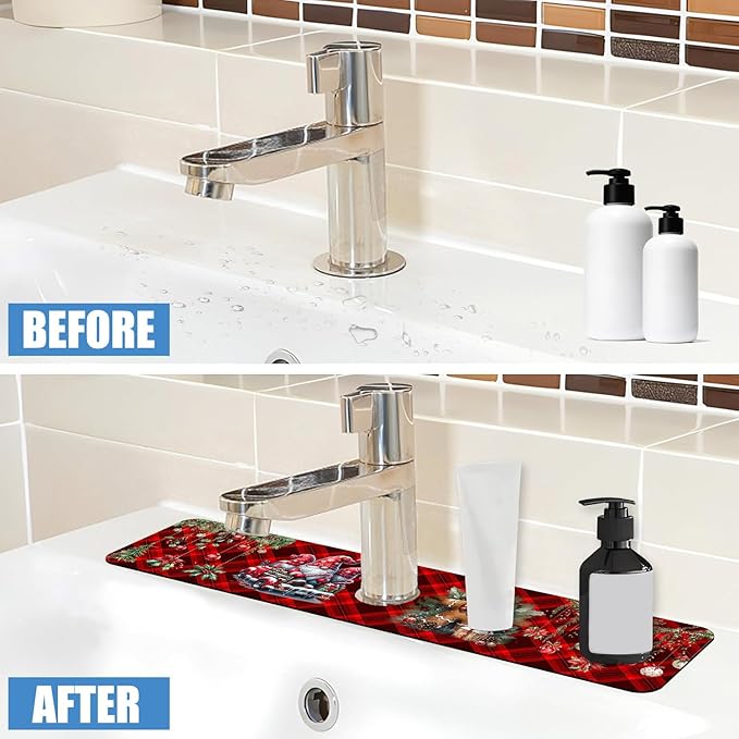 Chrismas Sink Splash Guard Faucet Mat Cute Christmas Absorbent Fast Drying Mat Sink Gadgets Splash Guard Behind Faucet Drip Catcher for Kitchen Bathroom 23.5"X5.5"