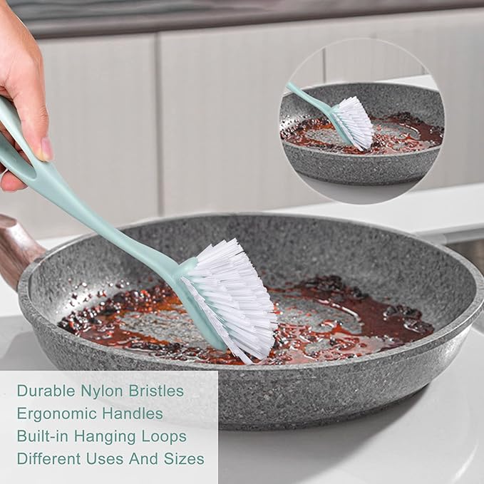 Dish Brush with Handle, Kitchen Dish Scrub Brush Set, 4-Piece Kitchen Cleaning Brush Set for Pots and Bottles, Nordic Green