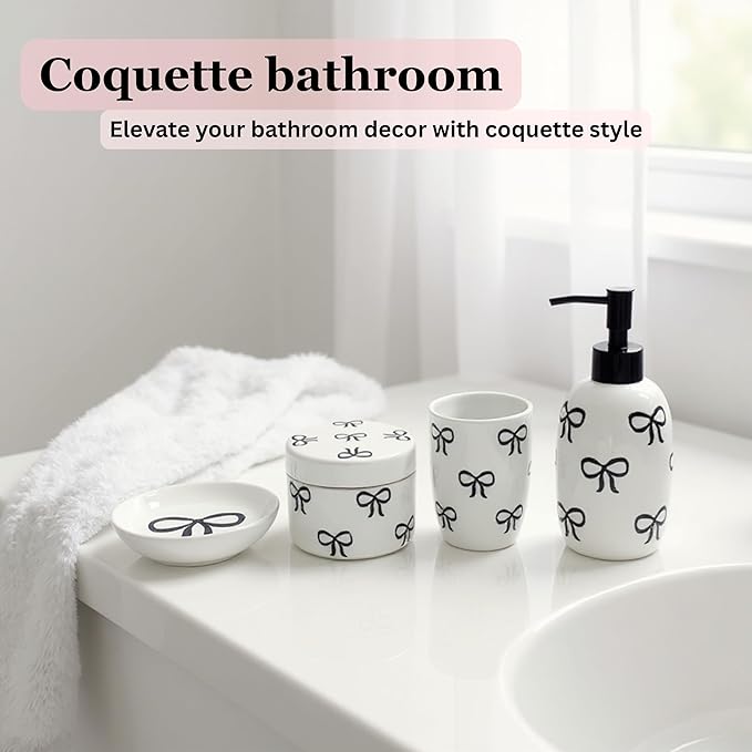 Pink Bathroom Set, 4 Pcs Ceramic Bathroom Accessory Sets - Soap Dispenser, Tumbler Toothbrush Holder, Vanity Soap Tray, Cotton Swab Jars - Pink Bathroom Decor Gift for Her (Black)