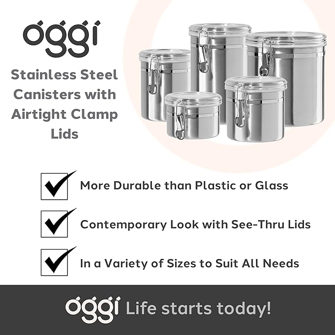 OGGI Stainless Steel Kitchen Canister 47oz - Airtight Clamp Lid, Clear See-Thru Top - Ideal for Kitchen Storage, Food Storage, Pantry Storage. Large Size 5" x 6"