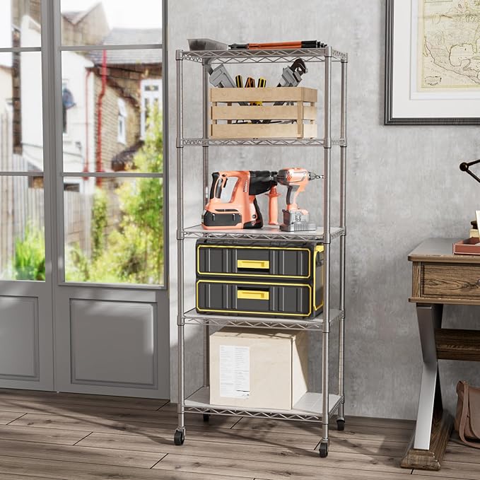 SINGAYE 5 Shelf Storage Wire Shelves Closet Bathroom Organizers Metal Pantry Kitchen Garage Shelving Unit Laundry Room Organization Home Narrow Rack Net Basket with Wheels White