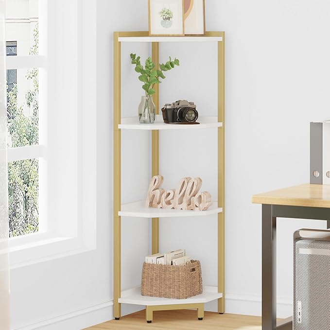 Corner Shelf Stand, Corner Bookshelf, Storage Standing Shelf Unit with Metal Frame, Plant Stand, Bookcase for Living Room, Home Office, Bedroom, 4-Tier White Gold CS05803A