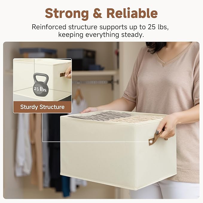 StorageWorks Foldable Storage Bins with PU Handles, Closet Storage Baskets, Fabric Bins for Clothes Storage, Ivory White, 3-Pack, Extra Large