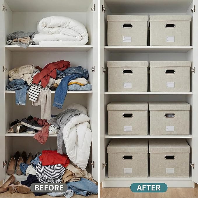 PRANDOM Storage Bins with Lids [3-Pack] Linen Fabric Foldable Storage Boxes Organizer Containers Baskets Cube with Cover for Bedroom Closet Office Beige (23.4X15.9X11.4)