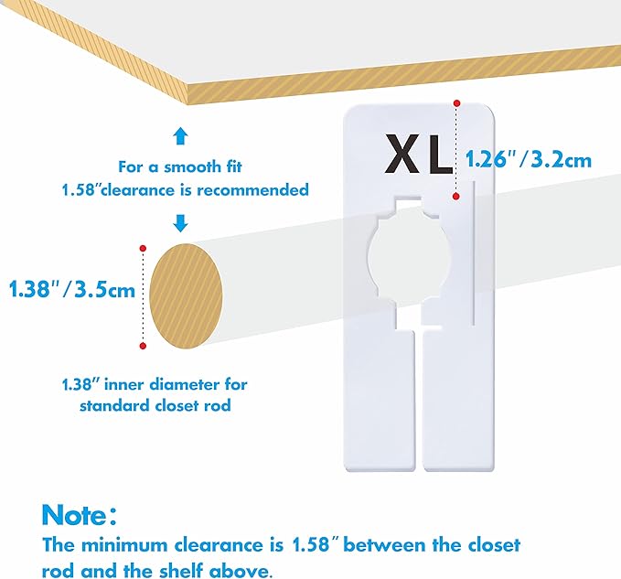 40 Pack Rectangular White Plastic Clothing Size Closet Rack Dividers Hangers, Preprinted in 8 Sizes XXS, XS, S, M, L, XL, XXL, XXXL (2.5”x 5”, Inner Diameter 1.38”)