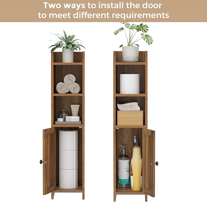 Homhedy Small Bathroom Storage Corner Floor Cabinet with Door and Shelves, Beside The Toilet Paper Stand for Skinny, Narrow Toilet Paper Cabinet, 7.9" D x 7" W x 31" H, Rustic Walnut