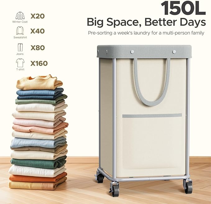 JYPS Laundry Basket With Wheels, 150L Large Rolling Hamper W/Metal Frame & Removable Bag, Waterproof Oxford Fabric, 2 Side Bags, Dirty Clothes Storage Cart For Laundry Room, Dorm, Bedroom, Bathroom