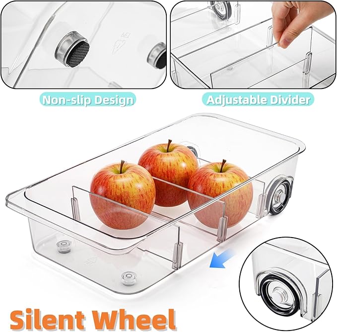 2 Pack Refrigerator Organizer Bin with Wheels, Roll Out Pantry Storage with Dividers, Clear Plastic Refrigerator Drawer, Upgrade Thick Fridge Caddy for Under Sink, Kitchen Organization