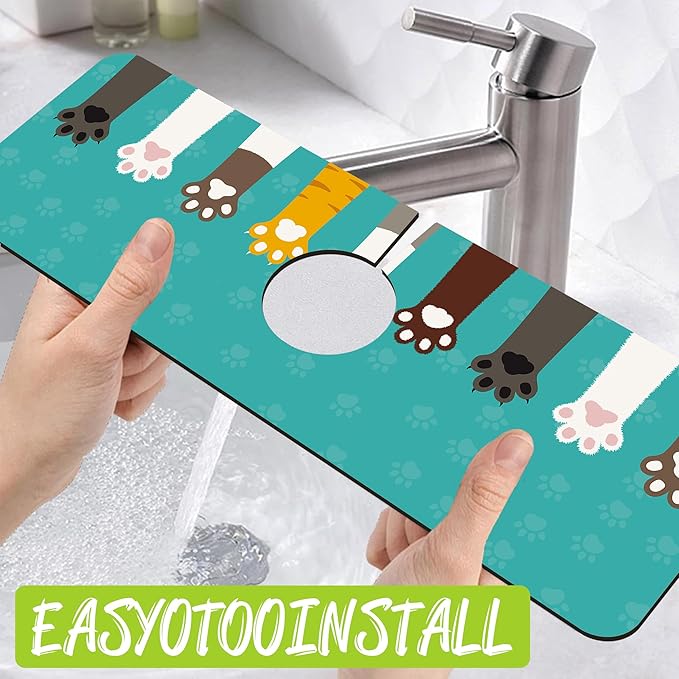 Sink Splash Guard Faucet Mat Cat Paws and Footprints Absorbent Fast Drying Mat Sink Gadgets Splash Guard Behind Faucet Drip Catcher for Kitchen Bathroom 15.5"X5.5"