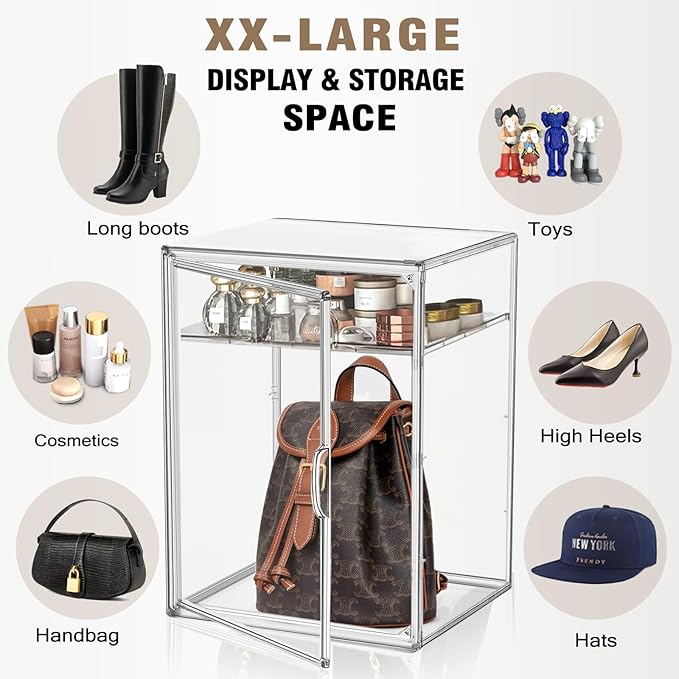 2 Pcs Shoe Display Case, XX-Large 15.3'' Tall Boot Storage Box Transparent Handbag Organizer for Closet Acrylic Shoe Box Clear Plastic Stackable Sneaker Collectibles Case with Detachable Divider