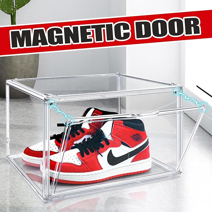 4 Pack Clear Shoe Storage Boxes Stackable Shoes Organizer Acylic Boots Sneaker Display Case with Magnetic Lid,Size14