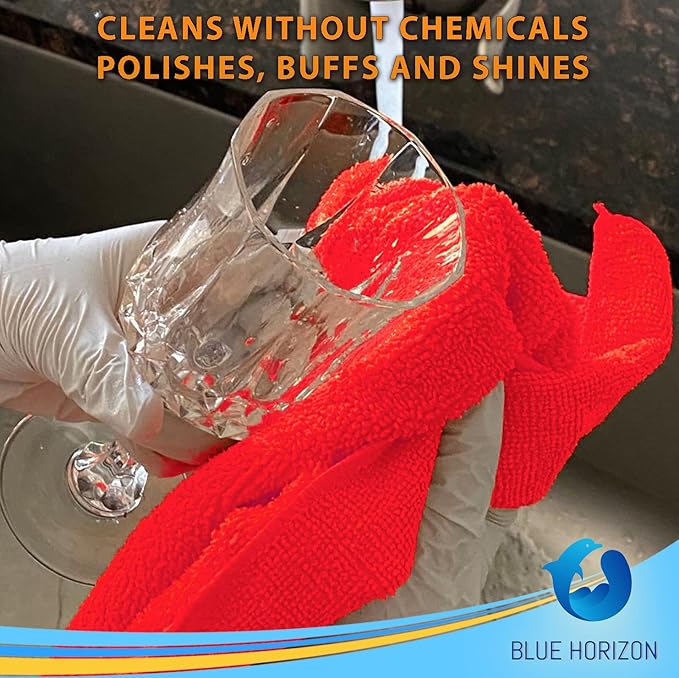 Blue Horizon Microfiber Cleaning Towels, Pack of 24, Ultra Soft Plush Washcloth, All Purpose Premium Microfiber Detailing Cleaning Cloths Reusable Shop Towels (16" x 16", Red)