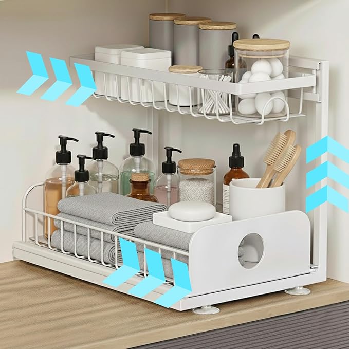 Under Sink Organizer, 1 Pack, 2 Tier Pull Out Sliding Shelf, Adjustable Height, Heavy Duty, Cabinet Organizer for Kitchen Bathroom, Tool-Free Install, White