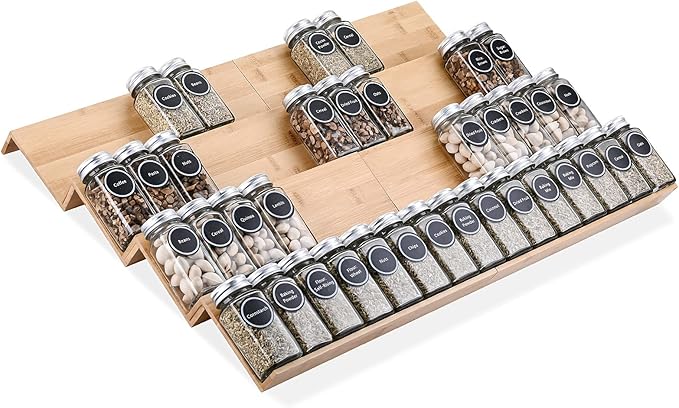 Bamboo Spice Rack Tray - Spice Drawer Organizer for Kitchen Cabinets Storage and Organization (Jars Not Included, 8 Individual Pieces, Not Expandable)