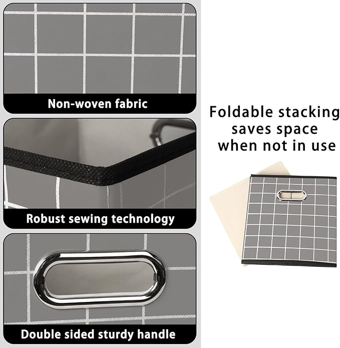 STOREONE Fabric Storage Bins Cubes Baskets Containers-(11X11X11) with Dual Handles for Shelf Closet, Nursery Home ， Bedroom Organizers, Foldable Set of 3 (Grey grid)