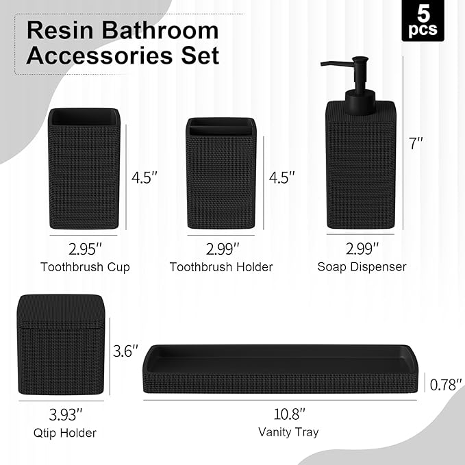 Matte Black Bathroom Accessories Set 5 Pieces, Resin Toothbrush Holders Set Complete with Soap Dispenser, Toothbrush Holder, Vanity Tray, Bathroom Tumbler and Qtip Holder for Small Spaces