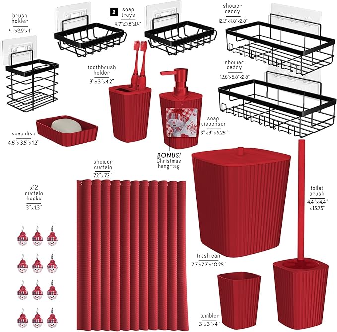 Clara Clark Bathroom Set - Christmas Bathroom Accessories Set, 24PC Bathroom Accessory Set, Christmas Bathroom Sets with Adhesive Corner Shower Caddy Hanging, Toilet Brush, Trash Can & Soap Dispenser