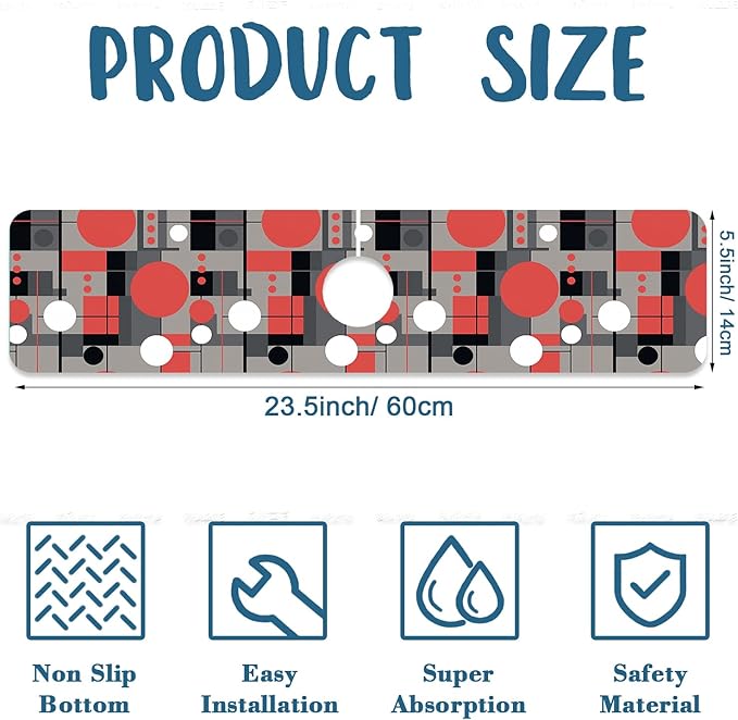 Abstract Geometric Sink Splash Guard Faucet Mat Vintage Tile Super Absorbent Fast Drying Mat Sink Gadgets-Splash Guard Behind Faucet Drip Catcher for Kitchen Bathroom, 23.5"x5.5"