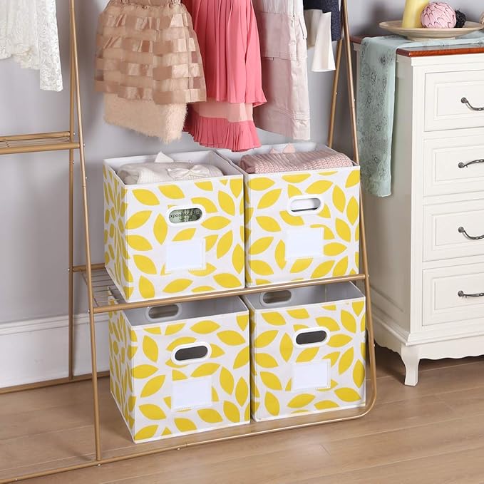MAX Houser Fabric Storage Bins Cubes Baskets Containers with Dual Plastic Handles for Home Closet Bedroom Drawers Organizers, Foldable, Set of 4 (Yellow)