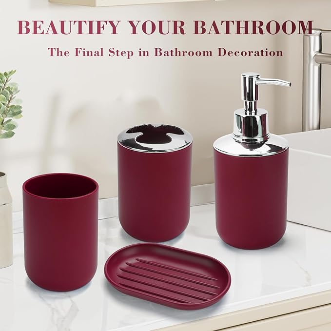 4 Pcs Burgundy Bathroom Accessories Set,Bohemian Bathroom Toothbrush Holder Set.Include Soap Dispenser, Soap Dish, Toothbrush Holder, Mouthwash Cup, Modern Bahtroom Decor Set