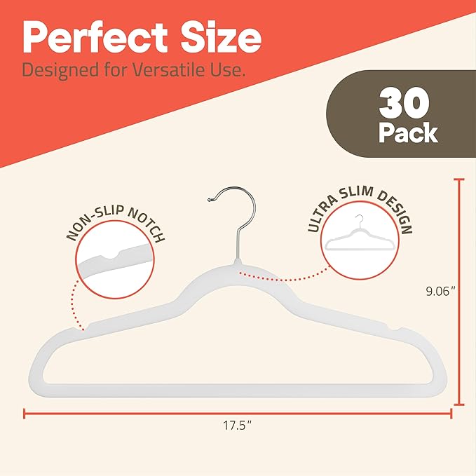 White Velvet Hangers 30 Pack – 360° Swivel Hook, Non-Slip and Space Saving Hangers, Heavy-Duty 11 lbs Weight Capacity - Smooth Velvet Finish for Crease-Free Clothes and Effortless Closet Organization