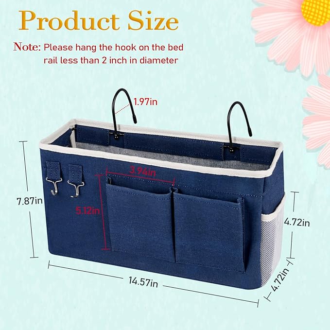 Bedside Storage Caddy/Bedside Hanging Storage Bag for Headboards Bunk Beds Dorm Rooms Book Phone Magazine Holder (2PC Navy Blue)