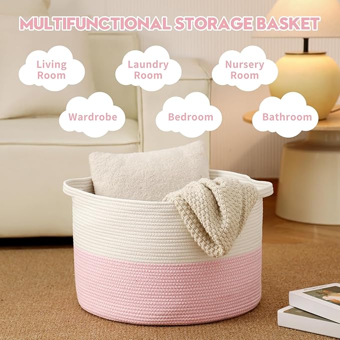 Foldable Laundry Hamper Basket with Collapsible Handle Cotton Rope Soft Woven Fabric Storage Organizer Clothes Toys Nursery Bedroom Dorm Space Saving Bin (White & Pink, 80L(21.7"D x 13.8"H))