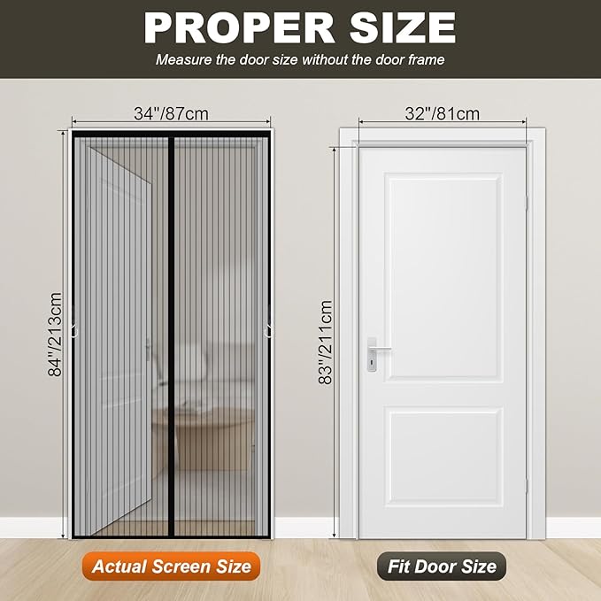 Magnetic Screen Door Mesh, Easy Install, Heavy Duty Fiberglass,Self Sealing Door Screen for Single Door Size 31 x 78 Inch, Screen Door Size 34 x 80 Inch - Black