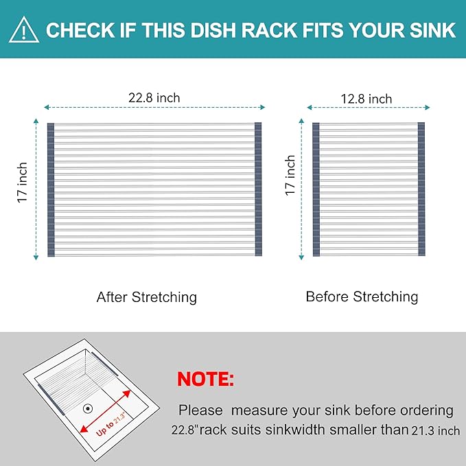 BBXTYLY Extra Large Expandable Roll Up Dish Drying Rack,Over The Sink Drying Rack Sink Cover Kitchen Sink Accessories Kitchen Rolling up Stainless Steel Drainer, Foldable,Rollable（Grey，25.1''-17.3''）