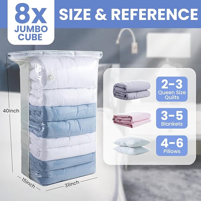 TAILINK 8 Pack Vacuum Storage Bags, Jumbo Cube 31x40x15 Inch, Extra Large Vacuum Seal Bgas for Comforters, Blankets, Pillow, Quilts, Space Saver Clost Oragnization, Clear