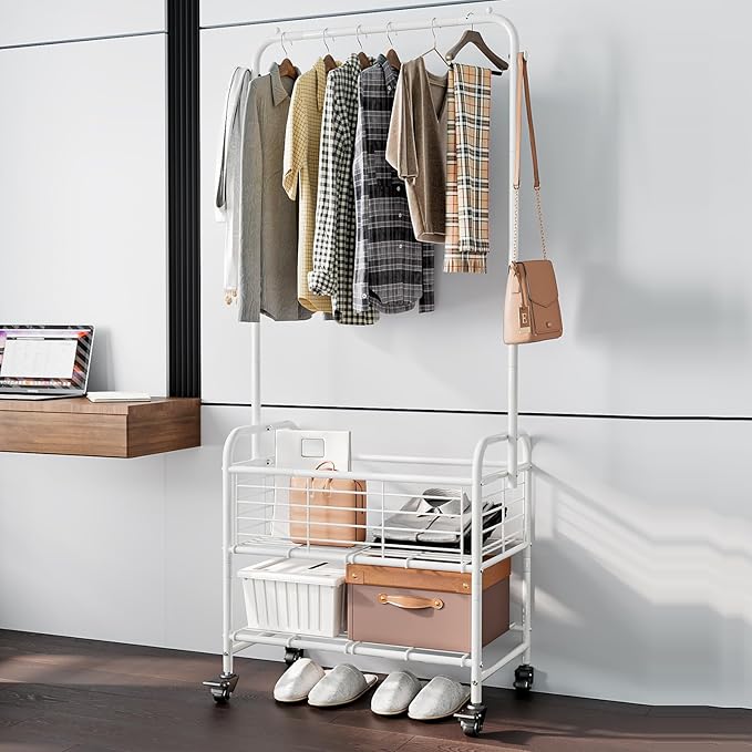 SUOERNUO Laundry Basket with Wheels Rolling Laundry Hamper Laundry Sorter Cart Shelf Hanging Rack,White