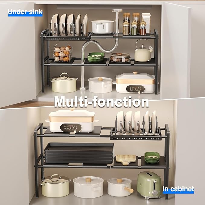 Pots and Pans Organizer Under Cabinet, Expandable 2 Tier Under Sink Organizers and Storage Adjustable Height Kitchen Pot and Pan Lid Holder Rack with 6 Dividers(6panels,1 Pot rack, Black)