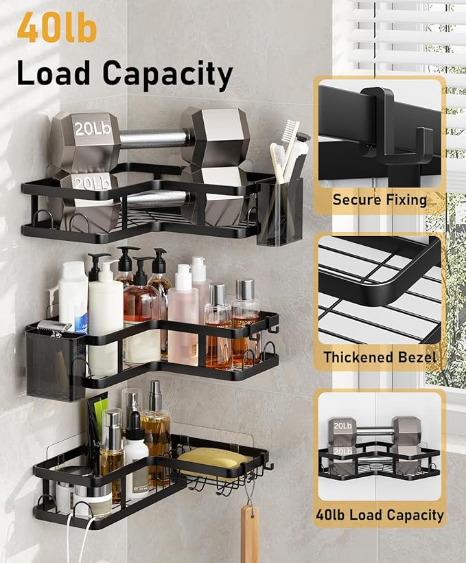 3 Pack Corner Shower Caddy Organizer, Rustproof Corner Shower Shelves, No Drilling Bathroom Corner Shelf with Hooks and Toothpaste Holder
