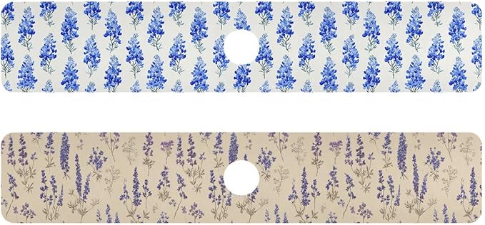 Watercolor Bluebonnets Lavender Herb Kitchen Sink Splash Guard Sink Faucet Mat Faucet Handle Drip Catcher Drain Mats for Kitchen Bathroom Countertop Absorbent Dish Drying Pad 2Pack