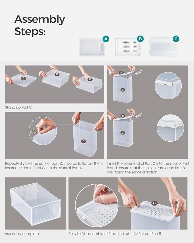 SONGMICS Shoe Boxes, Pack of 15 Shoe Storage Organizers, Stackable Clear Plastic Boxes for Closet, Sneakers, 13.1 x 9.1 x 5.6 Inches, Transparent and White ULSP015W02