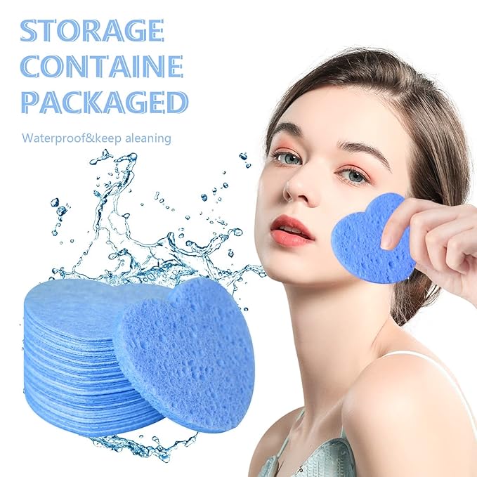 100-Count Compressed Facial Sponges for Estheticians Heart Shape Natural Cellulose Sponge Professional Cosmetic Spa Sponges for Face Cleansing, Massage, Pore Exfoliating, Mask, Makeup Removal, Blue