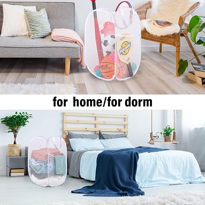 BATTOO Deluxe Strong Mesh Pop up Laundry Hamper Basket with Side Pocket for Laundry Room, Bathroom, Kids Room, College Dorm or Travel 2 Pack White