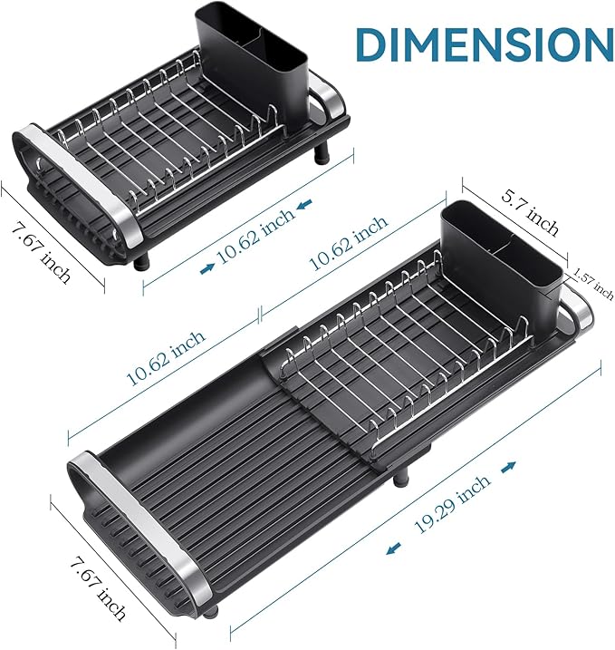 Small Dish Drying Rack, Mini Expandable Compact Dish Rack, Slim Extendable Stainless Steel Dish Drainer for Kitchen Plate Storage, Space Saving Dish Strainer in Sink or on Home Countertop, Black