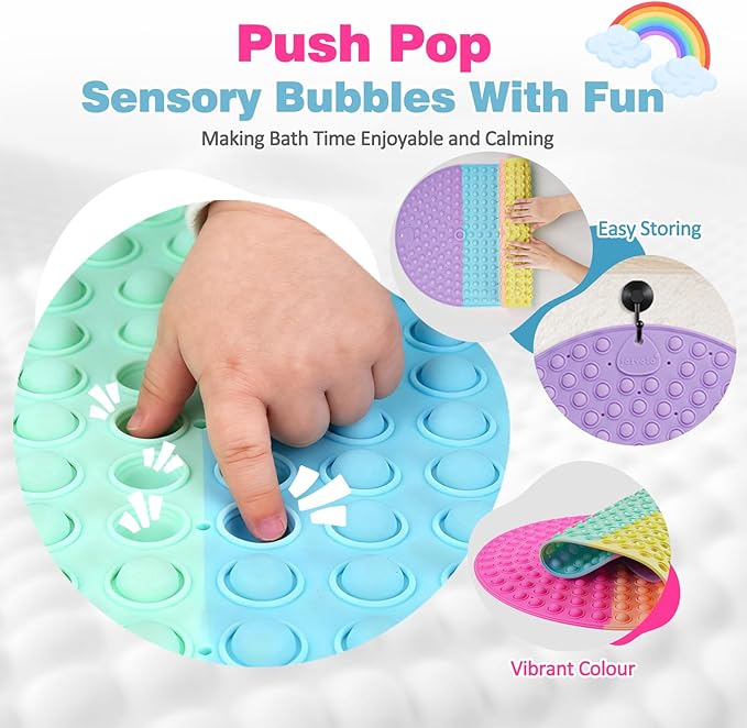 Joiyota Push Pop Bubble Bath Mat for Kids,Rainbow Large Non-Slip Silicone Tub Mat with Strong Suction Cups for Toddler,33x17.3 Inch Waterproof Shower Mat for Bathtub, Sensory Bath Pad with Drain Holes