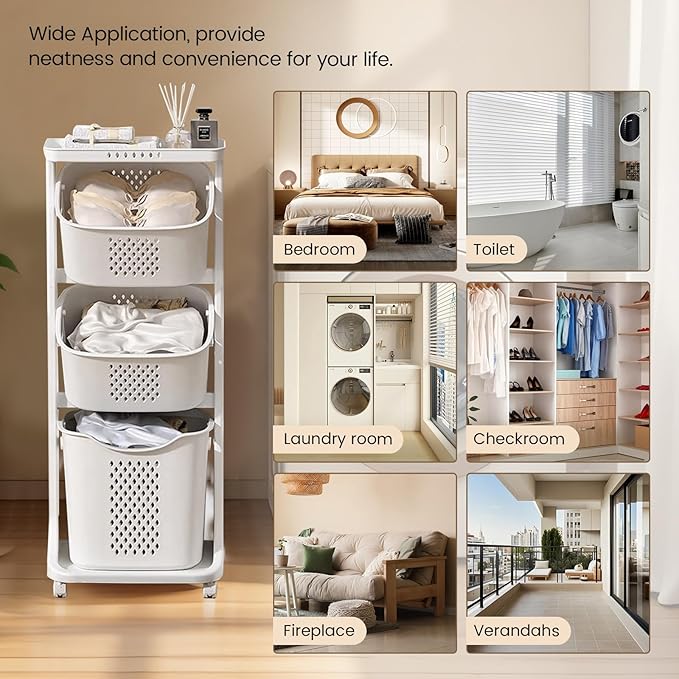 Rolling Laundry Hamper Cart with Wheels, 3 Tier White Laundry Baskets, Clothes Hamper with Portable Storage Baskets for Kitchens, Bathrooms, Bedrooms, Classrooms, Laundry Rooms(75L)