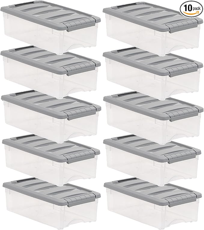 Amazon Basics Plastic Storage Containers with Secure Latching Lids, Stackable Organization Bins for Organizing, Clear/Grey, 5 Quart, Set of 10