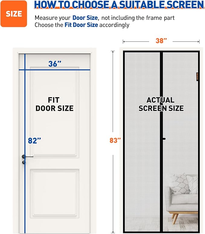 MAGZO Magnetic Screen Door Fit Door Size 36 x 82 Inch, Screen Size 38" x 83" Strong Magnets Mesh, Reinforced Fiberglass Net for Patio and Front Entrances, Gray