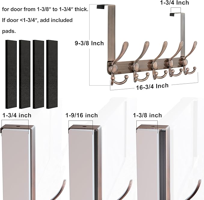 Dseap Over Door Hook 2.0 - Upgraded Version - Simple-Assembly, Strong, Heavy-Duty Stainless Steel 5-Tri-Hook Over The Door Hanger Rack, SimpleStrong Series, Antique Copper, Pack of 2